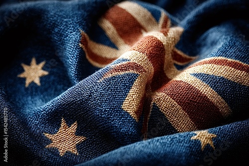 Close up view capturing the waving australian flag, emphasizing the intricate texture of the fabric along with the iconic commonwealth star and union jack, symbols of national pride