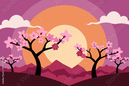 
Spring landscape at sunset with a beautiful tree silhouette, pink flowers, and a vibrant sky illustration
