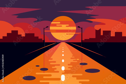An abstract vector illustration of a highway leading to a city skyline silhouette with towering buildings under the sky