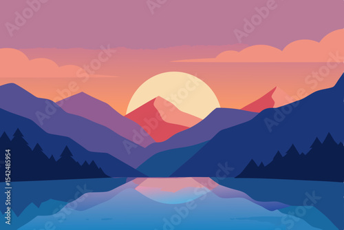 Sunrise and sunset over misty mountain landscapes with a clear blue sky