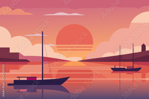 A lone boat drifts on the tranquil sea, silhouetted against the vibrant orange and red hues of the sunset sky