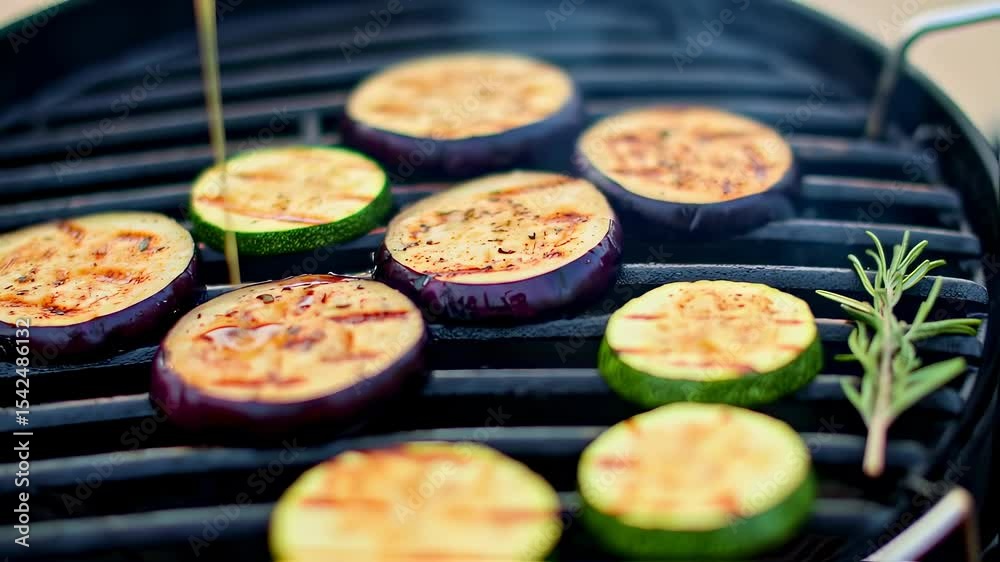  Sliced aubergine and courgette with grill marks sizzle on a smoking barbecue. A thin stream of oil is poured over the vegetables to prepare a delicious vegan dish. 