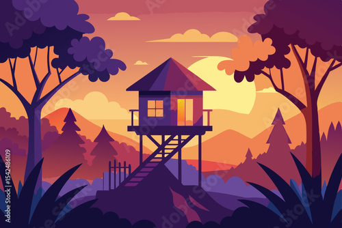 Whimsical cartoon cottage nestled in a vibrant forest landscape under a starlit night sky