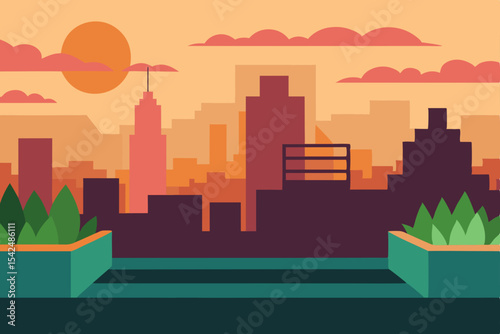 Urban cityscape at sunset featuring a skyline of skyscrapers and buildings, a stunning illustration of modern architecture and business
