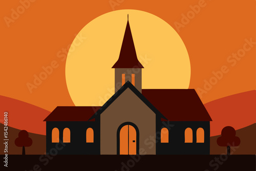 Ancient European church silhouette against a vibrant sunset sky, highlighting its intricate architecture and towering steeple