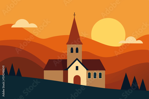 Old catholic church with a white steeple in a rural European village at sunset
