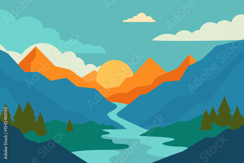 Mountain landscape with misty peaks and a serene sky at sunrise