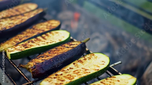 Fresh eggplant and zucchini slices are grilled over hot coals on a metal grate. This detailed close-up captures the cooking process, with smoke wafting up and sear marks appearing on the vegetables.