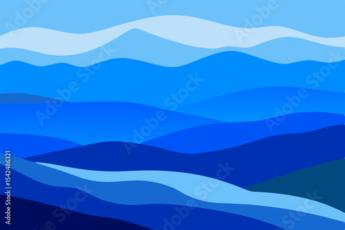 Abstract vector illustration of a blue wavy mountain and sea landscape with a curved wave pattern design