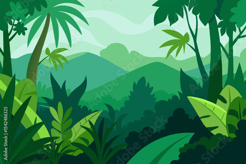 Vector illustration of a tropical bamboo forest landscape with palm trees, green leaves, and a summer sunset sky