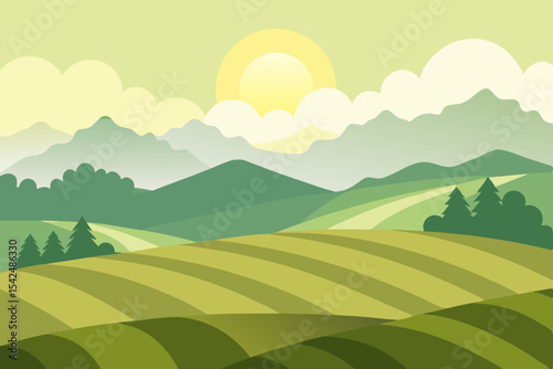 Vibrant summer mountain landscape with green fields, blue sky, and white clouds