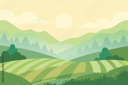 A vibrant summer landscape featuring green hills and towering mountains under a bright sky with fluffy clouds