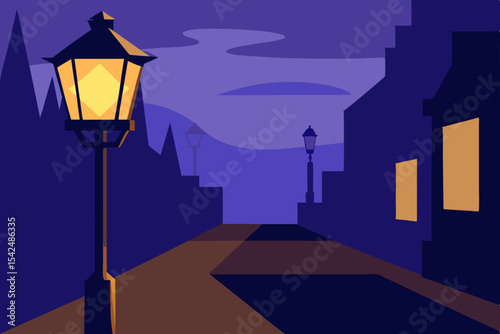 Old street lamp casting light on a retro city street at night under a blue sky