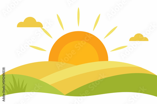 Golden sunlight bathes a summer meadow, with green hills and a clear sky, illustrating a serene natural landscape