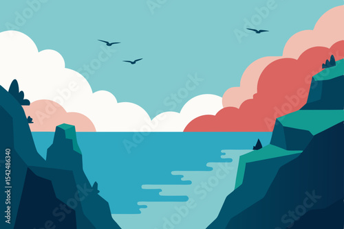 Vector landscape illustration of a man's silhouette on a mountain, beach, or cliff at sunset or sunrise with clouds, sky, and water