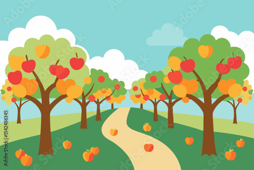 Autumn landscape with an apple tree in a field, colorful leaves, and a clear sky illustration