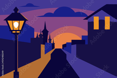 Spooky dark city street with haunted house silhouette under a moonlit sky