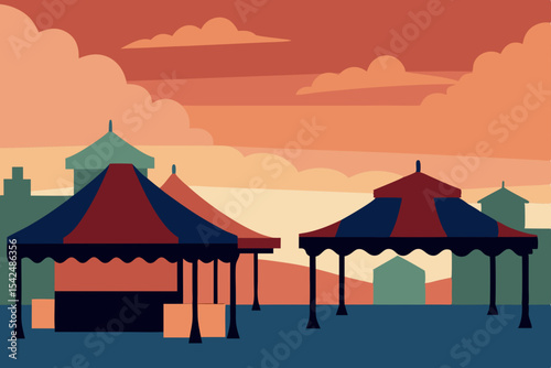 Vector illustration of a traditional Chinese village at sunset with mountains and a tranquil sky