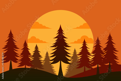 Autumn forest illustration with snow-covered pine trees, perfect for a winter holiday celebration and New Year's card
