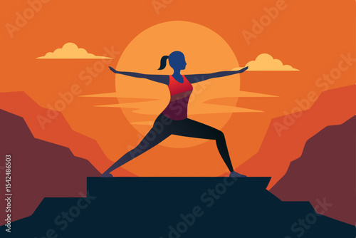 Silhouette of a woman doing yoga exercises at sunset with the sun in the sky