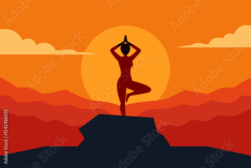 Woman doing yoga on a mountain top at sunset