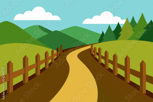 A summer landscape with a winding road leading through green meadows towards distant blue mountains under a cloudy sky