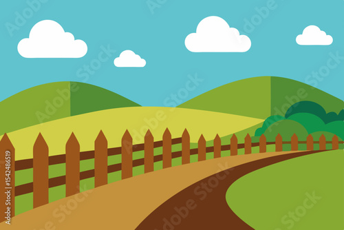 Cartoon illustration of a summer landscape with green trees, a road winding through a forest, grassy fields, and rolling hills under a blue sky with clouds