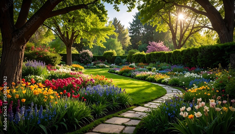 Fototapeta premium A lush garden path lined with vibrant flowers blooms under a canopy of sun-dappled spring foliage.