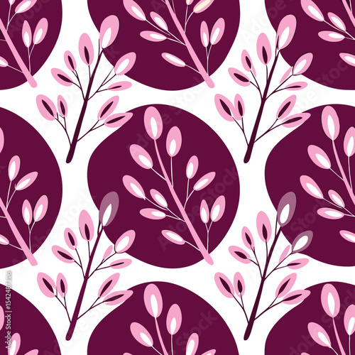 Tree branches and leaves seamless pattern for surface design and other design projects. Line art style drawing with small leaves in watercolor