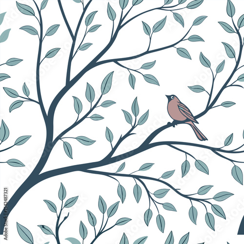 Tree branches and leaves seamless pattern for surface design and other design projects. Line art style drawing with small leaves in watercolor