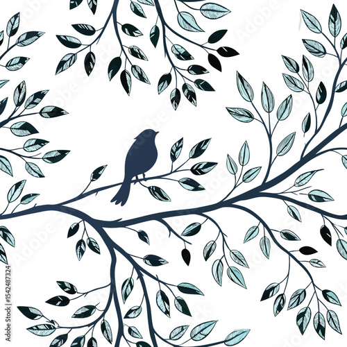 Tree branches and leaves seamless pattern for surface design and other design projects. Line art style drawing with small leaves in watercolor
