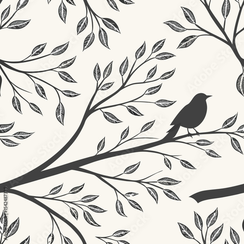 Tree branches and leaves seamless pattern for surface design and other design projects. Line art style drawing with small leaves in watercolor