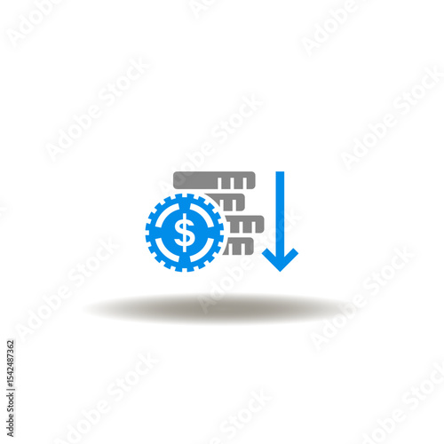 Vector illustration of coins pile stack cash and arrow down. Symbol of cost control. Icon of currency devaluation.