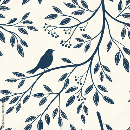 Tree branches and leaves seamless pattern for surface design and other design projects. Line art style drawing with small leaves in watercolor