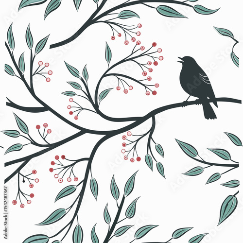 Tree branches and leaves seamless pattern for surface design and other design projects. Line art style drawing with small leaves in watercolor