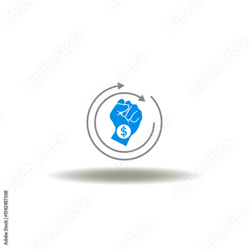 Vector illustration of fist hand with dollar currency and round arrows . Symbol of RSI Relative Strength Index Financial Economic Business. Icon of money power. Sign of protest financing.