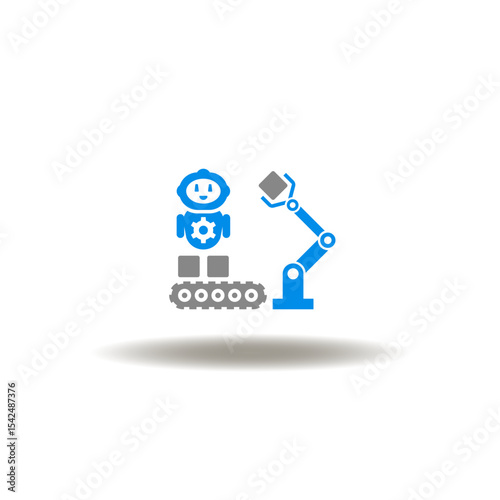 Vector illustration of robot (cyborg, drone) and conveyor line belt with products and robotic manipulator. Symbol of industrial automation process improvement. Icon of industry AI technology.