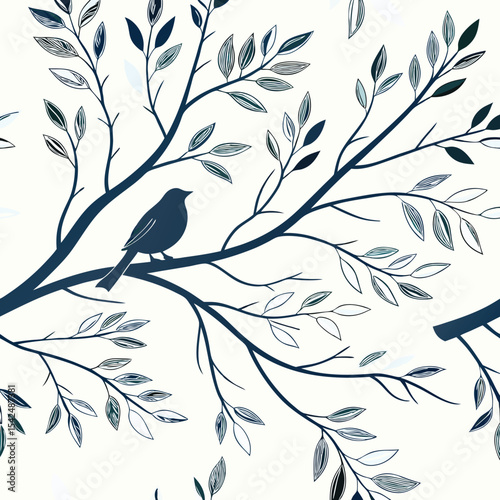 Tree branches and leaves seamless pattern for surface design and other design projects. Line art style drawing with small leaves in watercolor