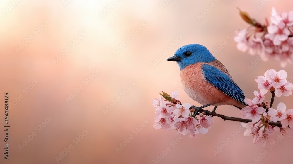 Fototapeta premium A vibrant blue bird sits elegantly on a cherry blossom branch, beautifully depicting the connection between nature, color, and the essence of spring.