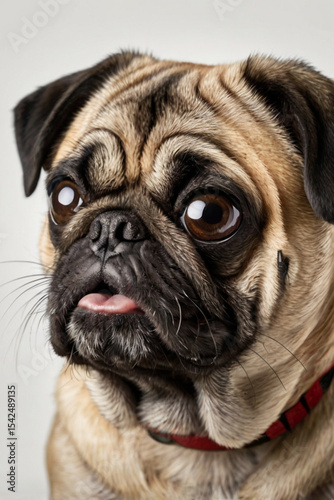 Close-up portrait of a cute pug with big eyes and wrinkled face, sitting calmly against a clean white background.