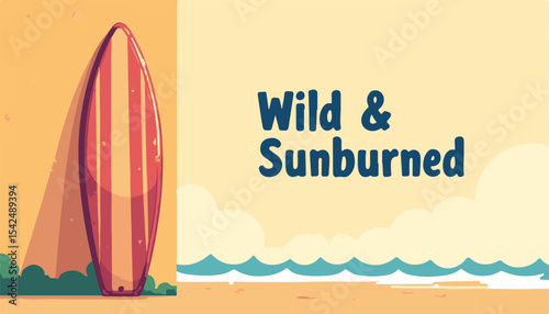 Colorful vintage surfboard leaning against a sandy beach background with waves and a playful atmosphere, summer concept of beach rental or surf shop