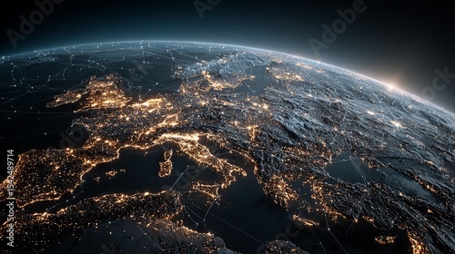 Aerial view of europe at night with city lights and network connections in a digital rendering