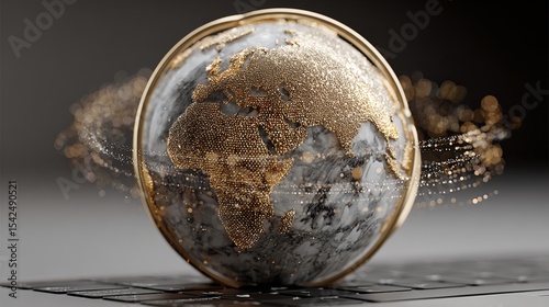 A golden world globe with marble continents and a golden ring on a dark background with bokeh effect