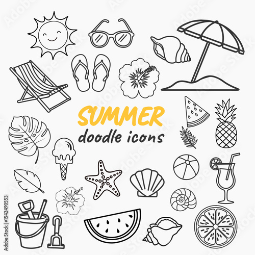 Minimal Summer Icons Clip Art Bundle. Hand Drawn Line Art Illustrations of Holiday and Beach Essentials for Creative Design Use