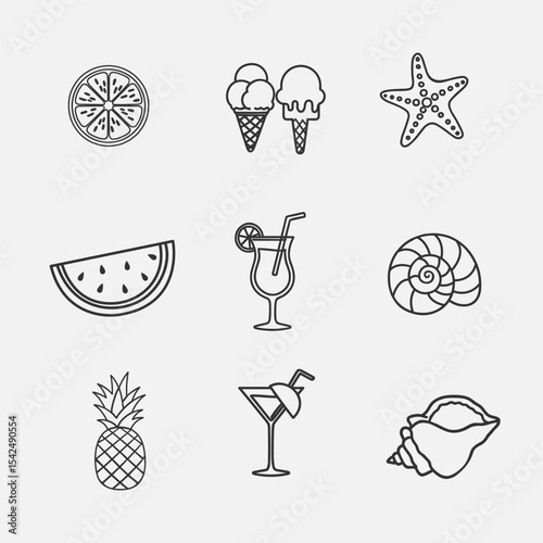 Minimalist Line Art Summer Icon Bundle. Simple Hand Drawn Clip Art for Holiday, Beach, and Vacation Design Elements in a Clean Monoline Style