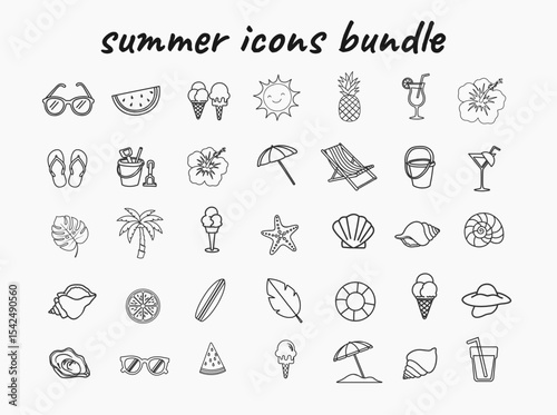 Mega Bundles Summer Icon with Hand Drawn Line Art Style. Simple and Minimalist Clip Art Set for Vacation, Beach, Holiday, and Tropical Season Design Projects