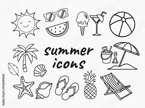 Simple Summer Clip Art Bundle. Hand Drawn Line Icons of Seasonal Elements for Beach, Travel, and Holiday-Themed Design Use