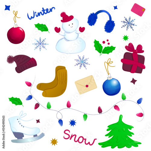 Christmas watercolor set. Winter vibe. Happy New Year elements collection. Holiday illustration on white background.