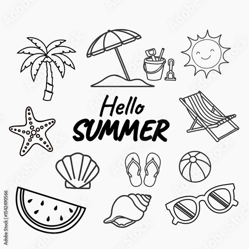  Simple Line Art Icons of Summer. Clip Art Bundle Featuring Hand Drawn Tropical and Vacation Elements for Seasonal Design Project