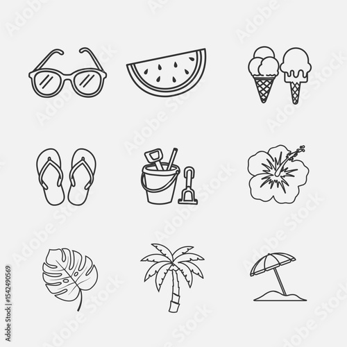 Summer Icon Bundle with Hand Drawn Line Art Style. Simple and Minimalist Clip Art Set for Vacation, Beach, Holiday, and Tropical Season Design Projects